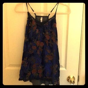 Floral velvet cami with lace trim.